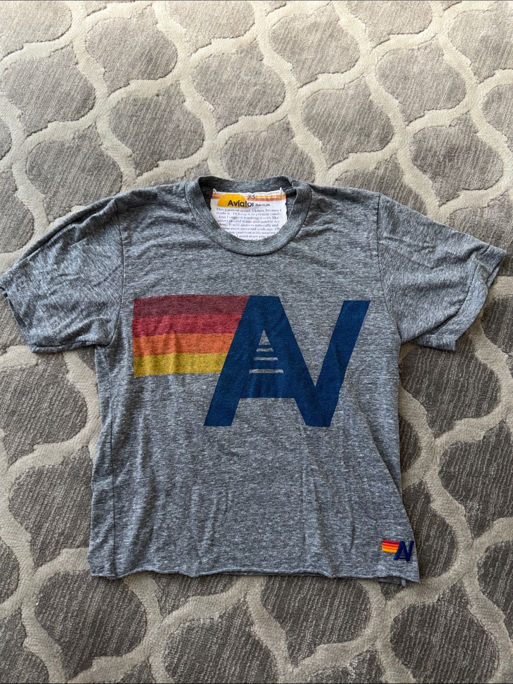 Aviator Nation Kids Heather Gray Tee with Navy AV Logo and Retro Stripes